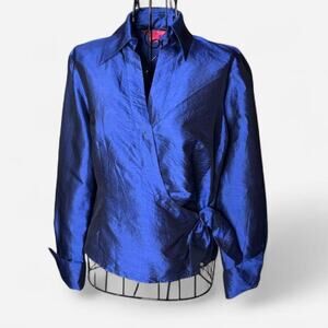 Sunny Leigh 100% Silk Royal Blue Wrap Blouse Tie-Side Long Sleeve Top Size 6
